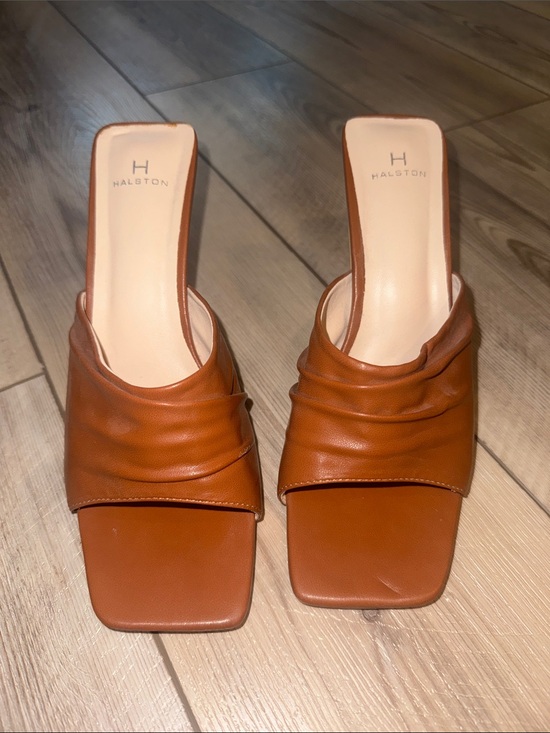 Halston Heritage Shoes - Halston Heritage Cognac Ruched Leather Slide heels